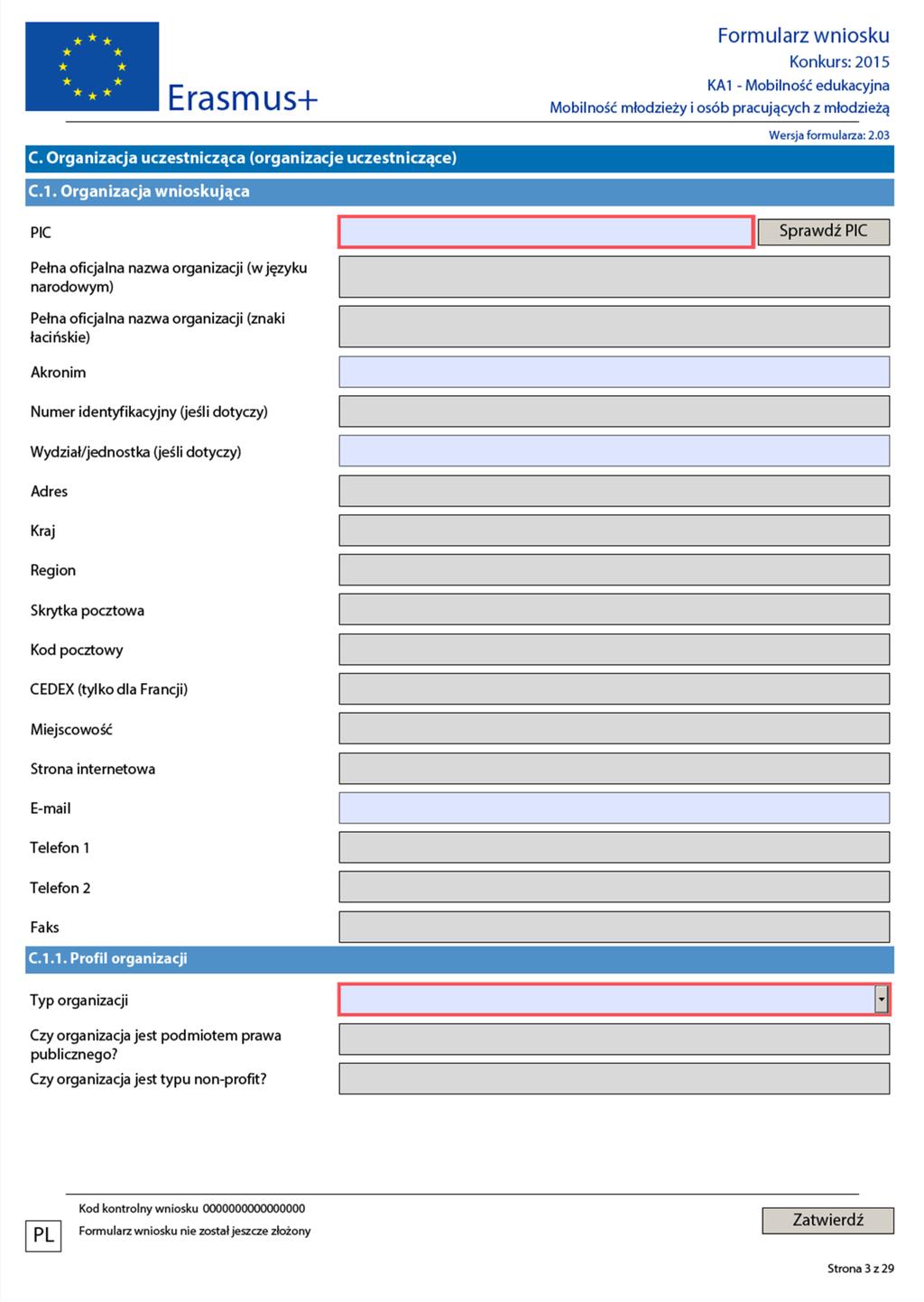 TU wpisz numer PIC Twojej organizacji. Po kliknięciu na rubrykę "sprawdź PIC" dane Twojej organizacji automatycznie zostaną przeniesione z systemu URF.