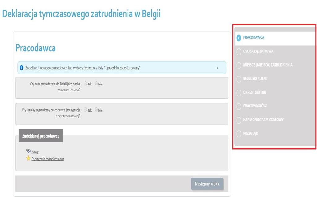 Uzupełnianie poszczególnych danych W kolejnych krokach uzupełniane będą dane dotyczące: pracodawcy osoby łącznikowej (reprezentującej) miejsca zatrudnienia (w Belgii) belgijskiego klienta (dla