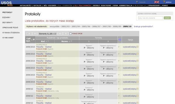 2.3 Na ekranie pojawi się lista protokołów dostępnych w bieżącym roku akademickim.