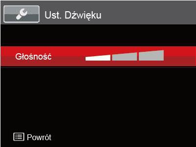 Ust. Dźwięku To ustawienie umożliwia regulację głośności dźwięku. Naciśnij przycisk strzałki do w lewo/w prawo aby wyregulować głośność, a następnie naciśnij przycisk, aby potwierdzić ustawienia.