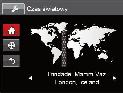 Language/Język Patrz rozdział Zerowanie języka na stronie 18. Czas światowy Ustawienie Strefa, to funkcja użyteczna podczas podróży zagranicznych.