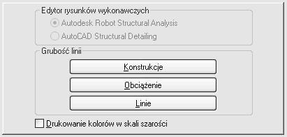 Zakładka Symbole umożliwia ustawienie rodzaju linii (ciągłe lub przerywane) na wydrukach oraz zakończenia linii wymiarowych (strzałki, kropki itp.). Ustawienia dotyczące wyboru edytora rysunków wykonawczych oraz grubości linii dostępne są w zakładce Wydruki.