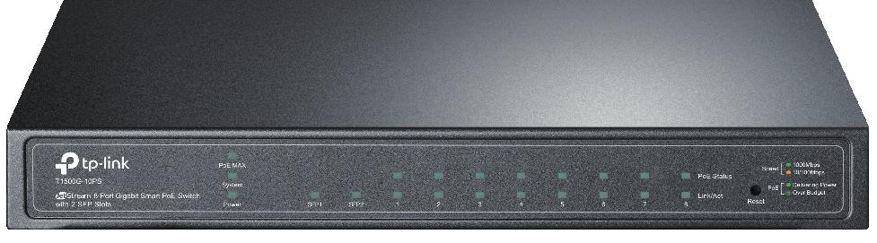 Przełącznik Smart JetStream, 8 portów Gb PoE, 2 sloty SFP MODEL: T1500G-10PS(TL-SG2210P) Cechy Funkcje zabezpieczające ruch sieciowy: wiązanie adresów IP-MAC-Port, listy ACL, Port Security, ochrona