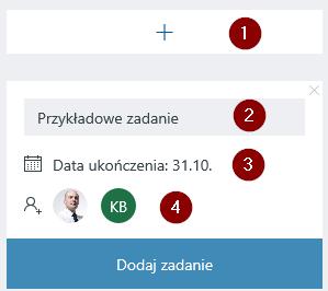 Nowe zadania dodajemy klikając na ikonkę plusa (1), a następnie wpisujemy nazwę (2), określamy datę