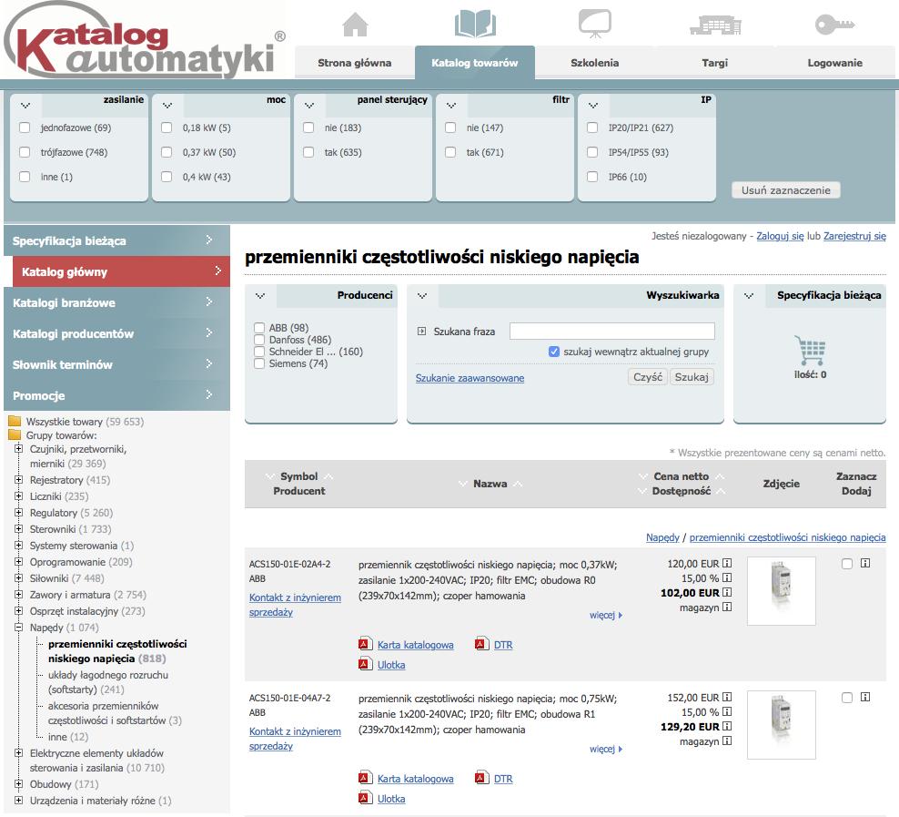 W jednym oknie znajduje się: jednoznaczna opisowa specyfikacja produktu linki do materiałów technicznych symbol produktu zdjęcie produktu cena katalogowa i oferowana dostępność produktu kontakt z