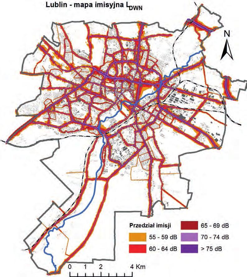 Mapa 31. Mapa imisyjna L DWN Lublina (źródło: Mapa akustyczna miasta Lublin) Tabela 10.