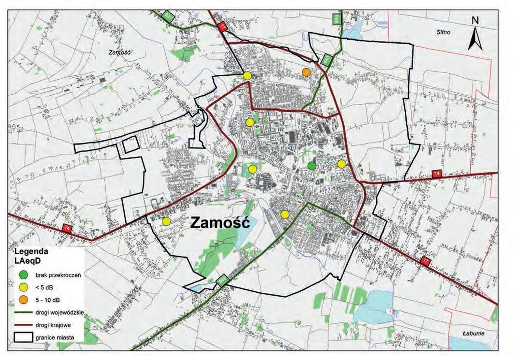 RAPORT O STANIE ŚRODOWISKA WOJEWÓDZTWA LUBELSKIEGO W 2017 ROKU Mapa 23. Przekroczenia wartości dopuszczalnych hałasu drogowego w 2017 r. wskaźnik LAeqN (źródło: WIOŚ) Tabela 4.