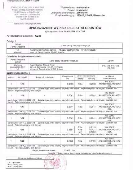 OZNACZENIE NIERUCHOMOŚCI W EWIDENCJI GRUNTÓW Kopia wypisu z rejestru gruntów w załączeniu.