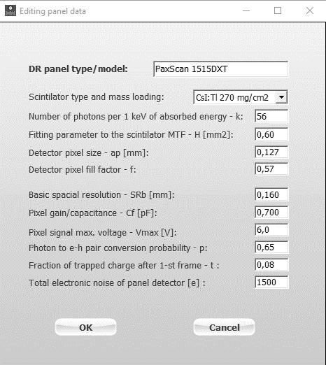 Rys. 5. Definiowanie parametrów panelu PaxScan 1515DXT w programie Rentex DR. Znacznie łatwiejsze jest natomiast wprowadzanie do programu parametrów posiadanych lamp rentgenowskich.