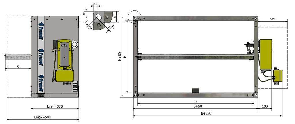 2. Charakterystyka ogólna Klapy przeciwpożarowe typu V330M-EX występują. Klapa ma standardową długość 330 mm, natomiast opcjonalnie do 500 mm.