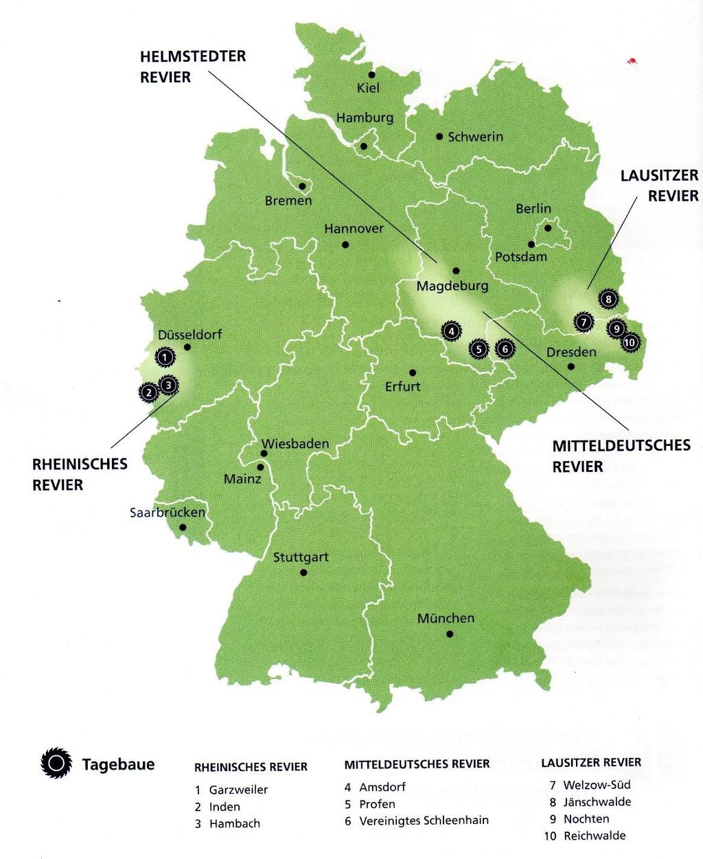 Rysunek 20. Lokalizacja zagłębi i kopalń węgla brunatnego w Niemczech. [DEBRICH Braunkohle in Deutschland 2017] Parametry geologiczno-chemiczne przedstawiono w tabeli 20. Tabela 20.
