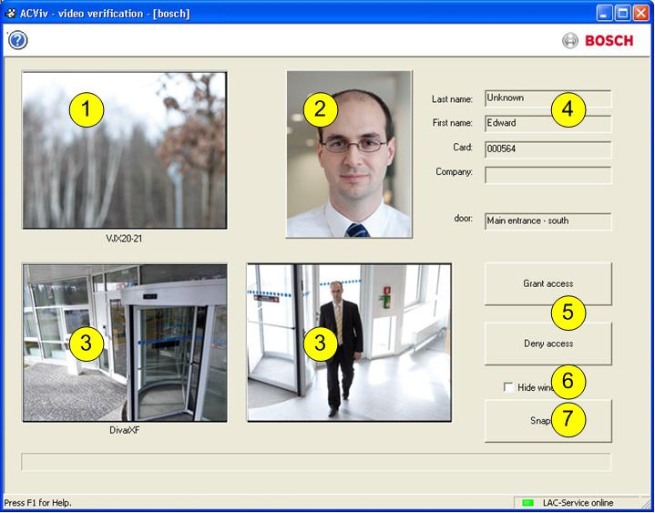 10 pl Video Verification (Weryfikacja wideo) Access Professional 1 = Kamera identyfikacyjna przesyła obraz na żywo osoby żądającej dostępu.