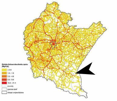 Rysunek 5 Emisja dwutlenku azotu z transportu w województwie podkarpackim w 2014 r.