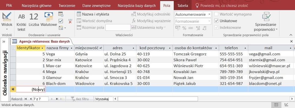 Zadanie 21. Jakie kryterium sortowania zastosowano w bazie danych, której fragment przedstawiono na rysunku? Zadanie 22. Rosnąco wg nazwy firmy. Malejąco wg nazwy firmy. Rosnąco wg miejscowości.