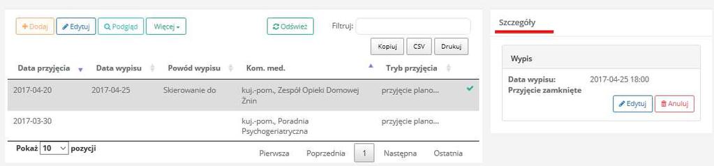 Rys. 55 Na widoku strony Przyjęcia pacjenta, po wybraniu czyli kliknięciu LPM żądanego przyjęcia w oknie Szczegóły są informacje o dacie wypisu oraz czy jest to pobyt już zamknięty. 17.