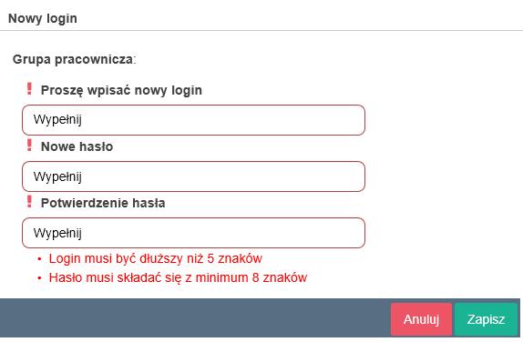 Aby poprawnie przeprowadzić procedurę ustawienia nowego loginu i hasła, należy wprowadzić dane w 3 wymagane pola: Proszę wpisać nowy login, Nowe hasło, Potwierdzenie hasła.