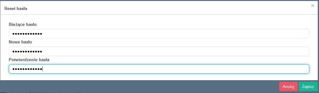 W polu Nowe hasło wprowadzamy żądane hasło i dla sprawdzenia poprawności, wprowadzamy je ponownie w ostatnim polu Potwierdzenie hasła. Rys.