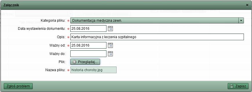 Po uzupełnieniu tych informacji przyciskiem Zapisz dokonać zapisu załącznika.