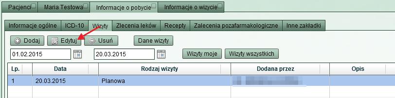 Jeśli wszystkie dane są poprawne, kliknięcie przycisku Zapisz lub wciśnięcie klawisza Enter spowoduje zapisanie danych wizyty, zamknięcie dialogu Dane wizyty oraz odświeżenie zakładki Wizyty: Rys.