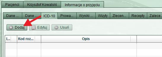 9. Zarządzanie rozpoznaniami ICD-10 Aby wprowadzić rozpoznanie w pobycie pacjenta, należy najpierw wykonać czynności z rozdziału Wgląd do danych pacjenta, a następnie przejść do zakładki ICD-10: Rys.