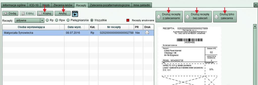 W każdej chwili, na poziomie wystawiania recepty, użytkownik ma możliwość zmiany leków na niej widocznych.