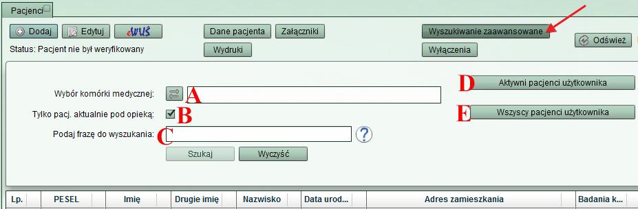 3. Pacjenci - wyszukiwanie zaawansowane W celu podglądu danych żądanego pacjenta, należy otworzyć widok Pacjenci z menu Przyjęcia i wizyty, następnie wybrać żądanego pacjenta z lisy poprzez