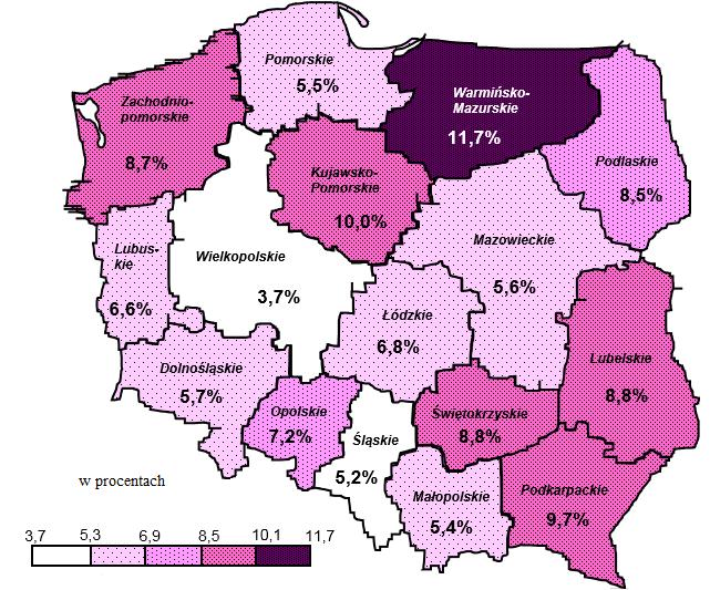 ROZDZIAŁ 2. STOPA BEZROBOCIA Syntetycznym miernikiem poziomu bezrobocia jest podawana w procentach stopa bezrobocia, obliczana jako stosunek liczby zarejestrowanych do liczby osób aktywnych zawodowo.