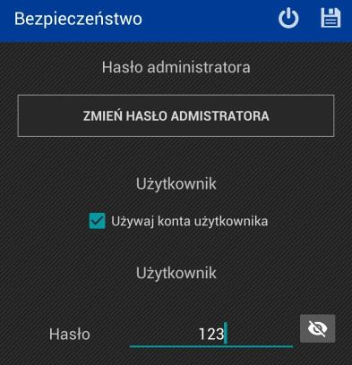 9. BEZPIECZEŃSTWO Przejście do zakładki [Bezpieczeństwo] umożliwia zmianę hasła dla administratora i użytkownika oraz wybranie czy konto użytkownika ma być używane.