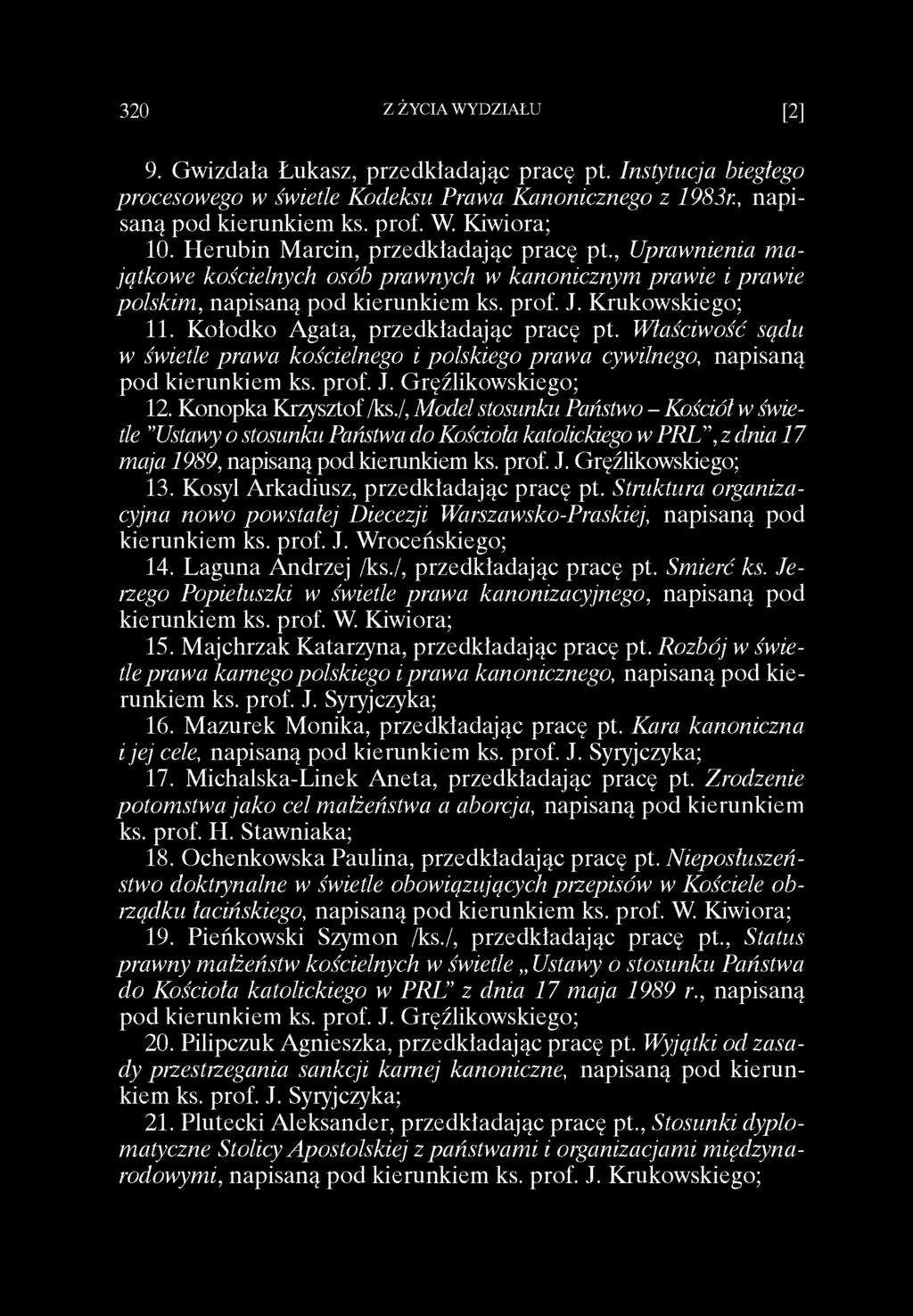 Kołodko Agata, przedkładając pracę pt. Właściwość sądu w świetle prawa kościelnego i polskiego prawa cywilnego, napisaną 12. Konopka Krzysztof /ks.