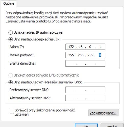 - ustawiamy adres IP z tzw. puli nietrasowalnej/prywatnej; propozycją na zajęcia jest pula 172.16.0.0/24, z czego komputery powinny posiadać RÓŻNE adresy w obrębie danej sieci (np. 172.16.0.1, 172.16.0.2 jednak żaden z komputerów NIE MOŻE ZAWIERAĆ TEGO SAMEGO ADRESU!