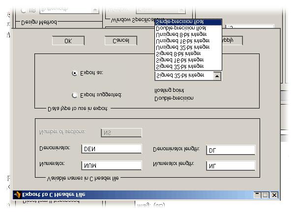 .. Pozwala na eksport wspólczynników filtra do przestrzeni roboczej MATLABa (Workspace), pliku tekstowego (Text-file) lub pliku MATLABA (MAT-file).