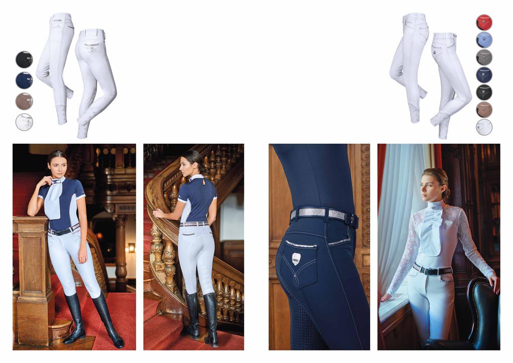 Art. 01456 BRYCZESY BREECHES JILL Bryczesy z lejem kolanowym, pokrytym trwałym żelem w technologii COMFiSTICK. Zakończone elastyczną nogawką. Knee patch breeches with COMFiSTICK silicone grip.