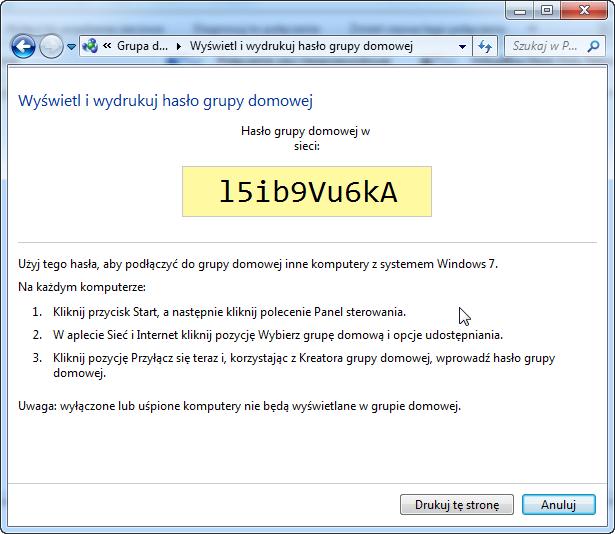 Zapisz hasło grupy domowej. Wielkość liter ma znaczenie.