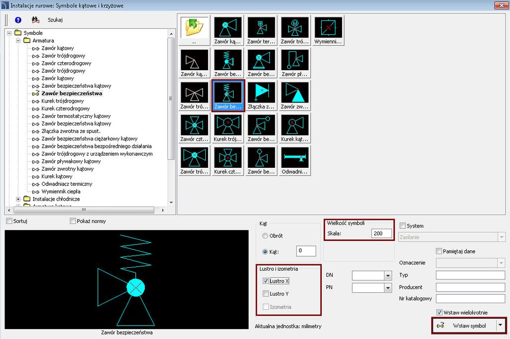 P1 P2 Symbole zostaną wstawione w następujący sposób: W następnej kolejności wstawimy symbol Zaworu bezpieczeństwa.