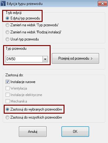 Określanie typów przewodów Wszystkie przewody w narysowanym schemacie mają określony rodzaj przewodu, określający typ instalacji lub przepływający czynnik, np. zasilanie, powrót, zimna woda itd.