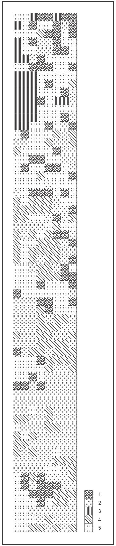 Ryc. 2. Przestrzenne zmiany wartości wskaźnika różnorodności Shannona na badanej powierzchni; 1 0,100-0,199; 2 0,200-0,399; 3 0,400-0,599; 4 0,600-0,699 Fig. 2. Cartogram of the Shannon s index values spatial distribution on the investigated plot; 1 0.