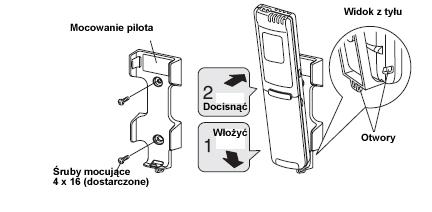 Mocowanie bezprzewodowego zdalnego sterowania na ścianie Przed zamontowaniem pilota zdalnego sterowania na ścianie umieścić go w wybranej pozycji i naciskając przycisk ON/OFF sprawdzić, czy sygnał
