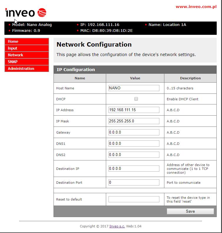 Po zaakceptowaniu ustawień przyciskiem OK, należy uruchomić przeglądarkę internetową i wpisać adres: 192.168.111.15. Domyślny użytkownik i hasło: admin/admin00 7.