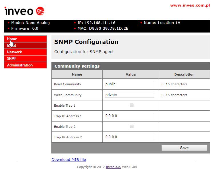 Załączenie funkcji jest możliwe w zakładce Administration->Enable SNMP.