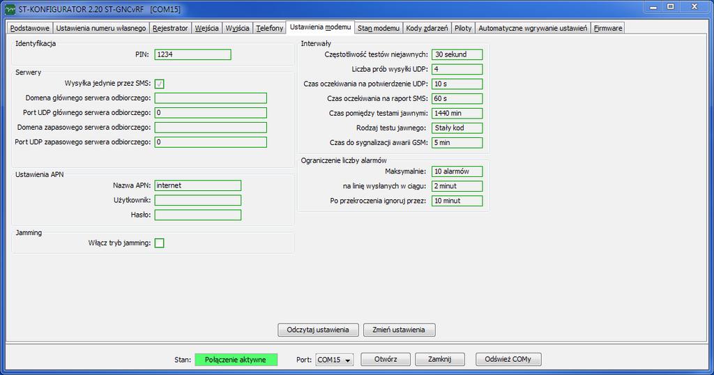 9. Zakładka Ustawienia modemu 1. Identyfikacja PIN nadajnik obsługuje tylko 4-cyfrowe PIN-y 2. Serwery Wysyłka jedynie przez SMS Domena główna serwera odbiorczego - to adres o wyższym priorytecie.
