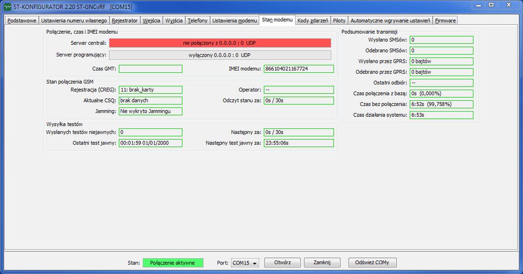 10. Zakładka Stan modemu 1. Serwer centrali - aktualny stan połączenia nadajnika z serwerem UDP 2. Serwer programujący - aktualny stan połączenia nadajnika z serwerem programującym 3.