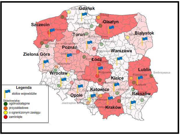 Rysunek 4 Składowiska azbestu w Polsce Źródło: www.bazaazbestowa.pl stan na czerwiec 2013 roku. 4.3. Program Ochrony Środowiska dla Gminy Wierzbica na lata 2009-2012 z uwzględnieniem perspektywy do 2016 r.