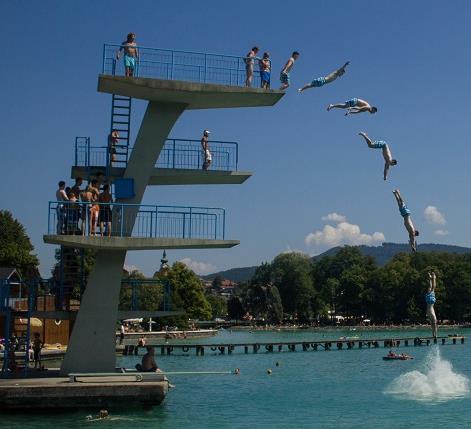 Energia potencjalna Pływak skacze na główkę do basenu i uderza w wodę Skacze z wysoka K duża Siła grawitacji wykonuje pracę,