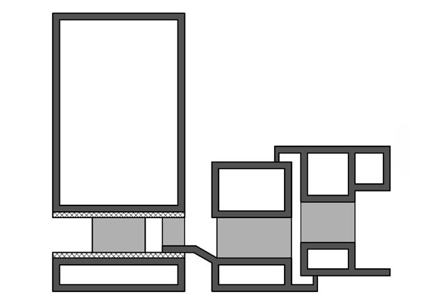 przedłużeniem zewnętrznego profilu aluminiowego Materiał wypełnienia do mocowania o niższej przewodności cieplnej λ = 0,3 W/(m K) liniowy współczynnik przenikania ciepła* ψ m,f lub ψ t,f [W/(m K)]