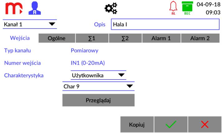 13 FUNKCJE DODATKOWE 13.1 Dodatkowe funkcje kanałów 13.1.1 Charakterystyka użytkownika Charakterystyka użytkownika podawana jest w postaci par punktów: wartość odpowiednio: mierzonej rezystancji, prądu, napięcia itd.