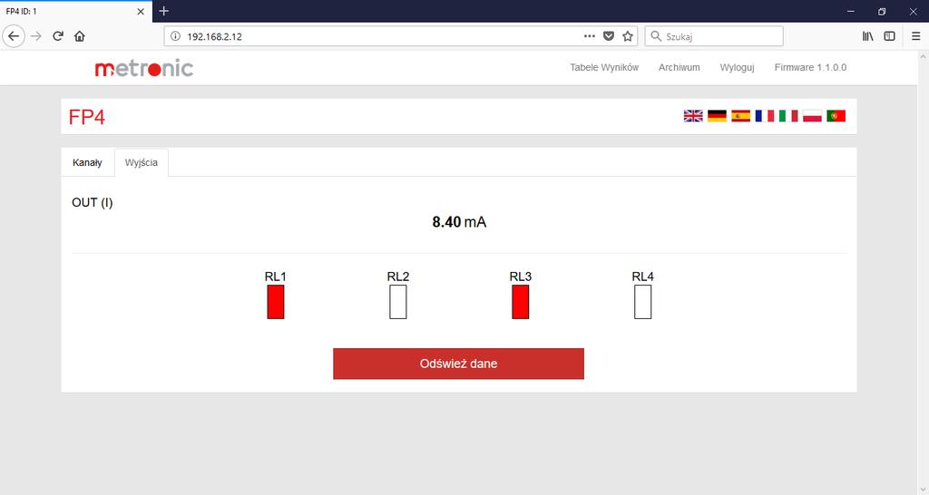 Strona umożliwia podgląd stanu wyjść w urządzeniu (Tabele Wyników Wyjścia), jeśli jest włączone wyjście analogowe lub przynajmniej jedno wyjście przekaźnikowe.