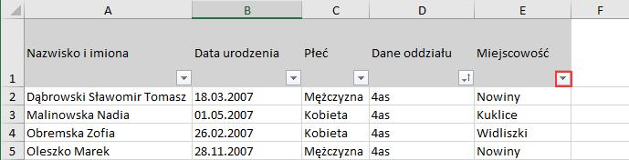 Aby wyświetlić wiersze tylko tych uczniów, którzy zamieszkują w wybranej miejscowości, np. w Widliszkach: 1.