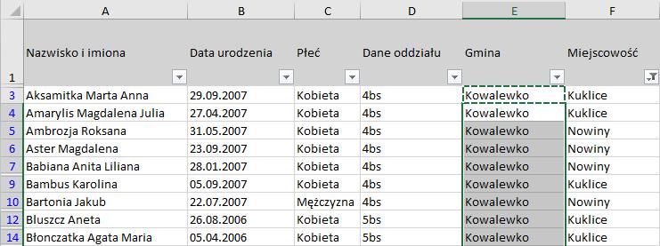 Aby we wszystkich komórkach pojawiła się ta sama nazwa (bez literówek i dodatkowych spacji), skorzystaj z