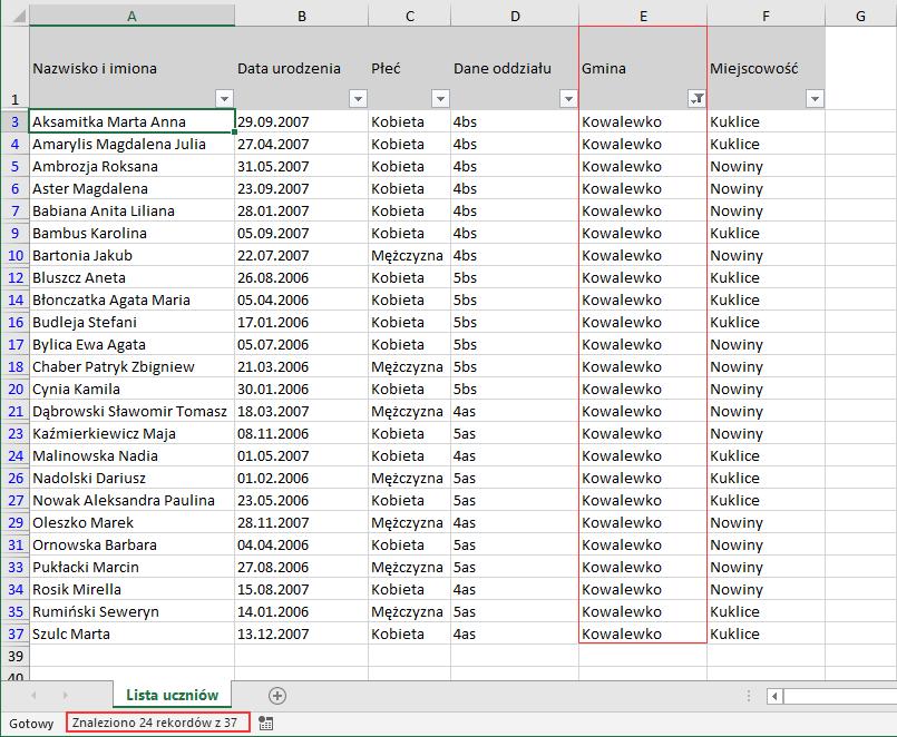 UONET+. Jak wykorzystać wydruki list w formacie XLS do analizy danych uczniów? 8/12 7. Sprawdź, ilu uczniów mieszka w wybranej gminie skorzystaj z filtra w kolumnie Gmina. 8. Usuń ustawiony filtr, aby wyświetlić wszystkie wiersze listy.