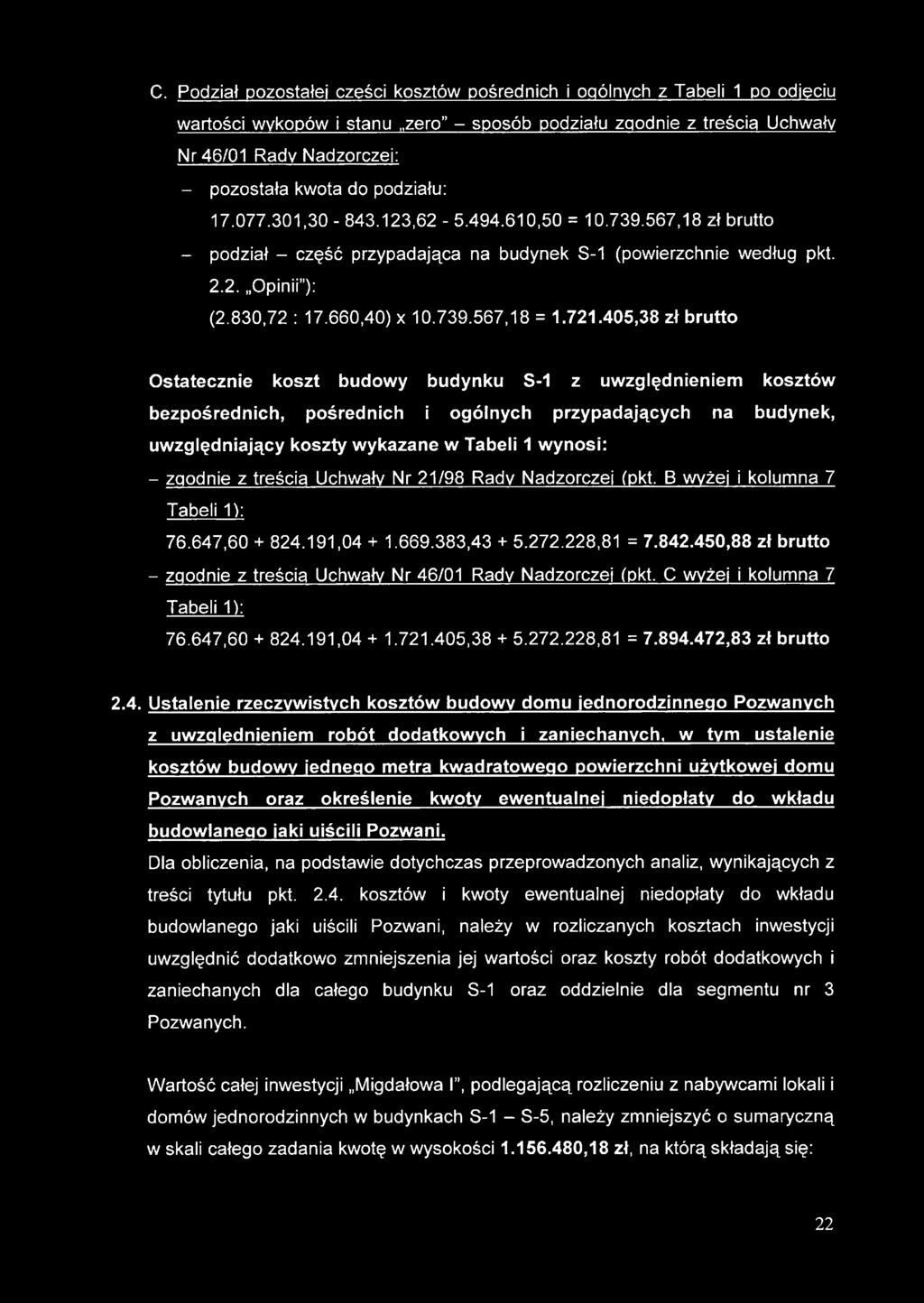 721.405,38 zł brutto Ostatecznie koszt budowy budynku S-1 z uwzględnieniem kosztów bezpośrednich, pośrednich i ogólnych przypadających na budynek, uwzględniający koszty wykazane w Tabeli 1 wynosi: -